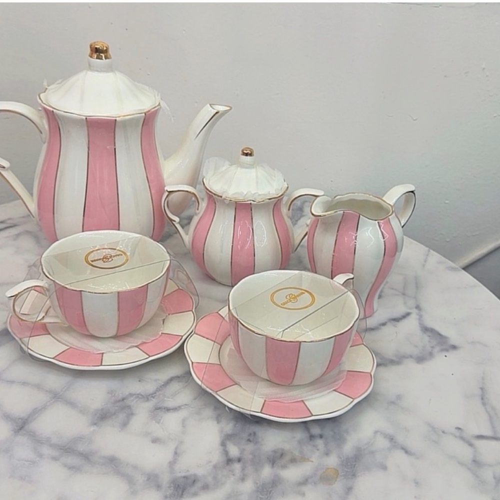 Pink & White Striped Porcelain Tea Set - 5 Piece